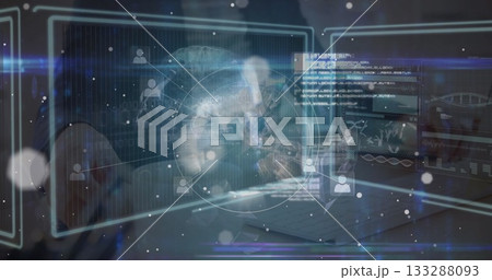 Navigating woman interacting with holographic panels at laptop, displaying skull and DNA helix Navigating woman interacting with holographic panels at laptop, displaying skull and DNA helix 133288093