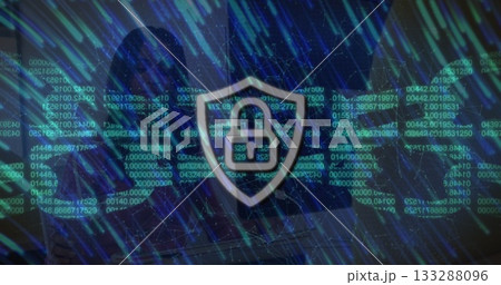 Displaying shield padlock icon hovering over hooded woman in virtual space, with neon data streams Displaying shield padlock icon hovering over hooded woman in virtual space, with neon data streams 133288096