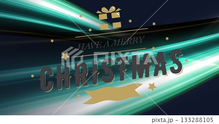 Large CHRISTMAS graphic occupying center in abstract design, with gold gift icon and ribbon banner 133288105