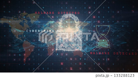 Displaying padlock icon on cyber grid, world map, waves, hourglass and CYBERCRIME or MALWARE labels Displaying padlock icon on cyber grid, world map, waves, hourglass and CYBERCRIME or MALWARE labels 133288123