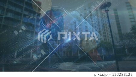 Floating holographic capsule projecting analytics above canal walkway, with ANALYSIS COMPLETE text 133288125