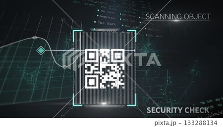 Displaying central QR code being scanned in security overlay, showing grid data and network nodes 133288134