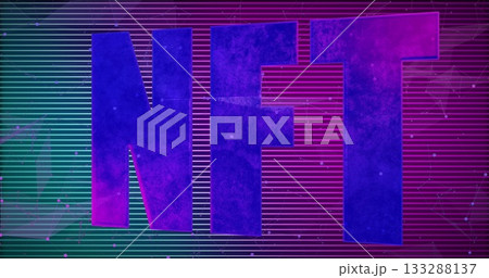 Featuring oversized NFT letters glowing on digital backdrop, with neon lines and glowing nodes 133288137