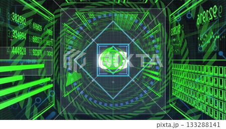 Rotating loading indicator framing diamond interface in command console, streaming numeric panels Rotating loading indicator framing diamond interface in command console, streaming numeric panels 133288141