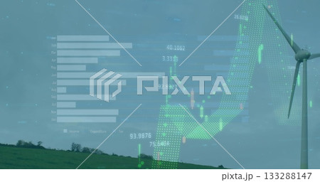 Wind turbine generating power on hillside, with bar graph and candlestick line charts, copy space 133288147