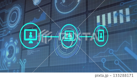 Visualizing network connecting monitor, laptop targeting, smartphone on blue grid, data panels 133288171