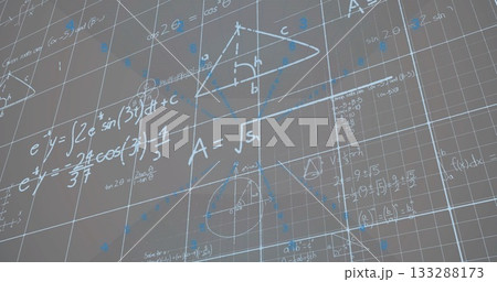 Displaying digital grid on grey plane, showing white and blue formulas, shapes and axes 133288173