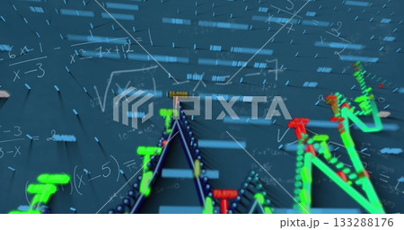 Hovering 3D graph above grid surface at data dashboard, with neon green, red nodes and equations Hovering 3D graph above grid surface at data dashboard, with neon green, red nodes and equations 133288176