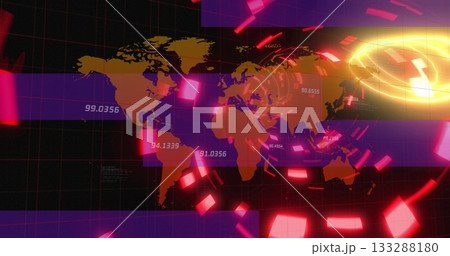 World map glowing on interface, with numeric labels, magenta bars, red fragments, yellow vortex World map glowing on interface, with numeric labels, magenta bars, red fragments, yellow vortex 133288180