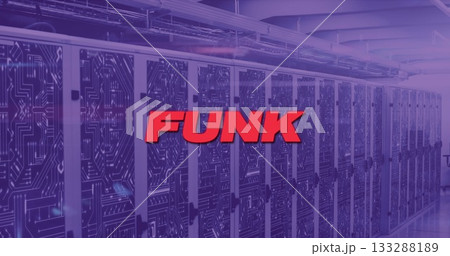 Running server bank emitting purple LEDs in data center with circuit doors and red FUNK text 133288189