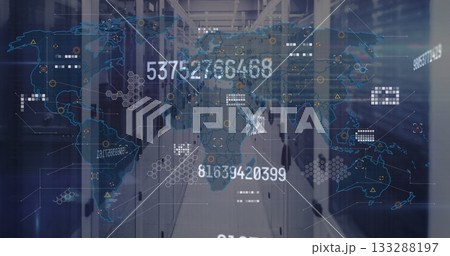 Projecting digital world map overlay over data center aisle, with server racks and hex grids Projecting digital world map overlay over data center aisle, with server racks and hex grids 133288197