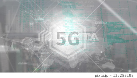 Displaying central 5G emblem streaming green code across world map interface, with network nodes Displaying central 5G emblem streaming green code across world map interface, with network nodes 133288198