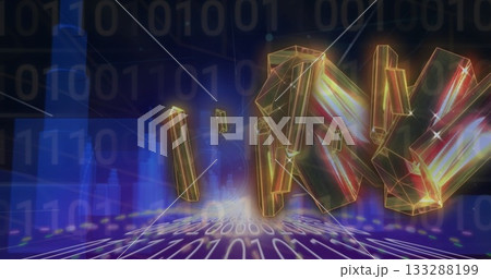 Floating golden crystalline letter shapes hovering over glowing binary grid floor, network lines 133288199