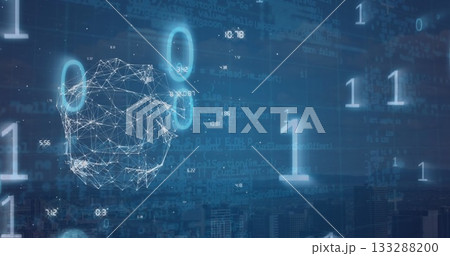 Hovering wireframe sphere over data landscape, with binary digits, code and city skyline silhouette 133288200