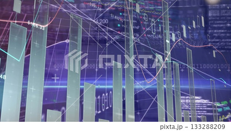 Showing 3D bar chart columns emerging on holographic grid, with line graphs and numeric labels Showing 3D bar chart columns emerging on holographic grid, with line graphs and numeric labels 133288209