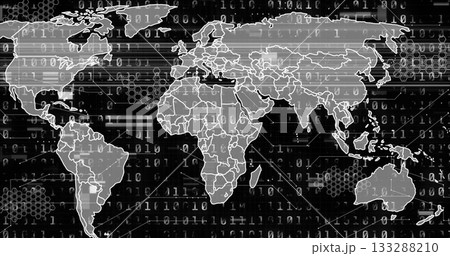 Displaying outlined world map in cyberspace, with binary streams, hexagon grid glitch lines 133288210