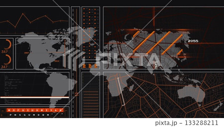 Displaying dashboard panels at control console, with world map outlines and 3D bar chart overlays Displaying dashboard panels at control console, with world map outlines and 3D bar chart overlays 133288211