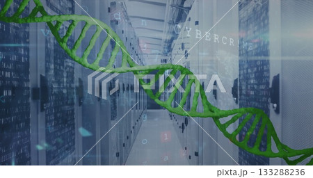Floating green DNA helix stretching through data center aisle, with servers and cybercrime code 133288236