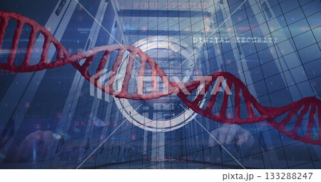 Projecting red DNA double helix floating above server racks at data center with grid security text Projecting red DNA double helix floating above server racks at data center with grid security text 133288247