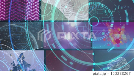 Displaying central holographic interface rotating data rings in virtual dashboard, with neon mesh Displaying central holographic interface rotating data rings in virtual dashboard, with neon mesh 133288267