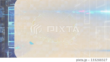 Displaying translucent panel hovering on hex-grid interface, with neon waveforms, bars and bokeh 133288327