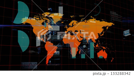 Digital world map graphic floating in virtual interface, with red grid and data visualizations Digital world map graphic floating in virtual interface, with red grid and data visualizations 133288342