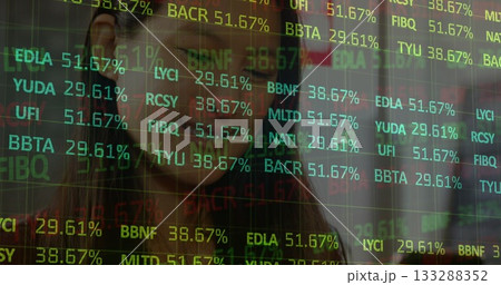 Woman in business attire tracking live stock ticker overlay in modern office, market analysis theme Woman in business attire tracking live stock ticker overlay in modern office, market analysis theme 133288352