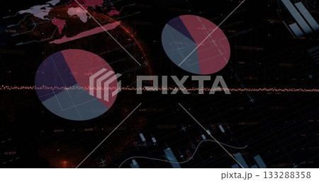 Displaying large pie chart at lower left on dashboard, with glowing globe and waveform, copy space Displaying large pie chart at lower left on dashboard, with glowing globe and waveform, copy space 133288358