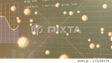 Floating stylized virus icons drifting across digital dashboard, with line graphs and percentages Floating stylized virus icons drifting across digital dashboard, with line graphs and percentages 133288374