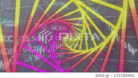 Displaying neon spiral winding through trading chart on digital interface, with candlestick figures Displaying neon spiral winding through trading chart on digital interface, with candlestick figures 133288402