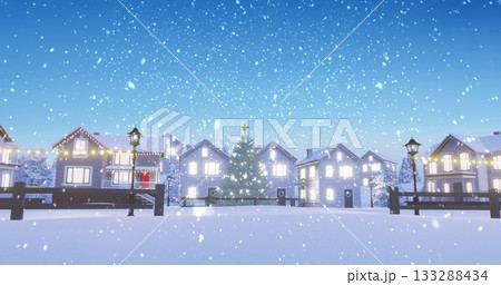 Glowing decorated fir tree shining in snowy village square, with string lights illuminating houses 133288434