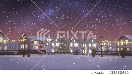 Glowing decorated evergreen tree shining in snowy village square, with string lights and lit houses 133288436