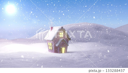 Sitting red cottage under sunlit sky, falling snow, with glowing windows, chimney, snow-laden roof Sitting red cottage under sunlit sky, falling snow, with glowing windows, chimney, snow-laden roof 133288437