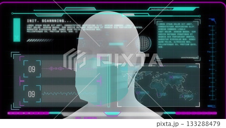 Showing 3D head bust wearing surgical mask in scanning environment, with holographic UI panels Showing 3D head bust wearing surgical mask in scanning environment, with holographic UI panels 133288479