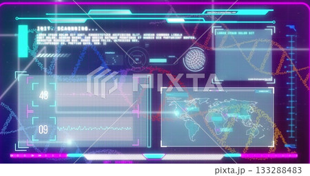 Displaying holographic UI with map numbers scanning globe placeholder DNA HUD frames over backdrop 133288483