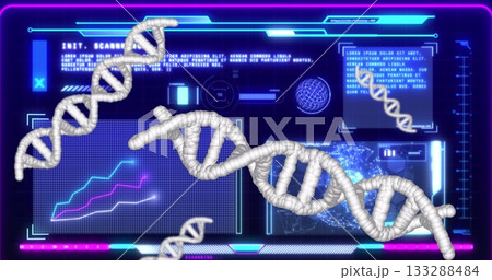 Displaying holographic data panels featuring floating DNA helix models in virtual lab, neon UI 133288484