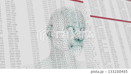 Forming human head silhouette from green binary digits in dashboard, with data columns and red bars Forming human head silhouette from green binary digits in dashboard, with data columns and red bars 133288485