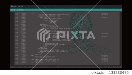 Terminal window displaying code in console, with teal header bar and glowing mesh head, copy space 133288486