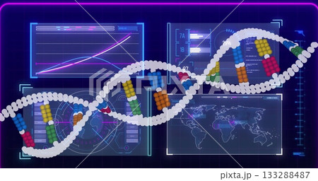 Displaying 3D DNA double helix model on research interface, with base-pair clusters and data panels 133288487