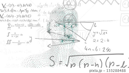 Displaying stylized dot-matrix head floating in abstract white space, with math notation overlays Displaying stylized dot-matrix head floating in abstract white space, with math notation overlays 133288488