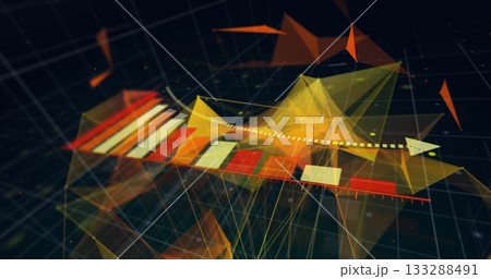 Displaying 3D chart with vertical bars, yellow-orange surfaces and dotted arrow over gridlines 133288491