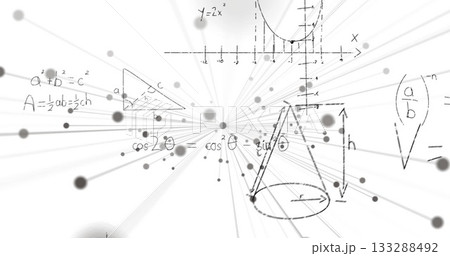 Displaying illustration showing central burst on canvas, with axes, triangle, formulas and dots Displaying illustration showing central burst on canvas, with axes, triangle, formulas and dots 133288492