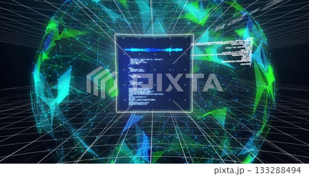 Glowing display panel projecting waveform and code in digital space, with mesh and grid lines Glowing display panel projecting waveform and code in digital space, with mesh and grid lines 133288494
