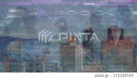 Merging city skyline layering line graphs and bar charts at dusk, with stylized helix pattern 133288504