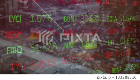 Displaying financial overlay over urban night cityscape with floating tickers and glowing lines Displaying financial overlay over urban night cityscape with floating tickers and glowing lines 133288510