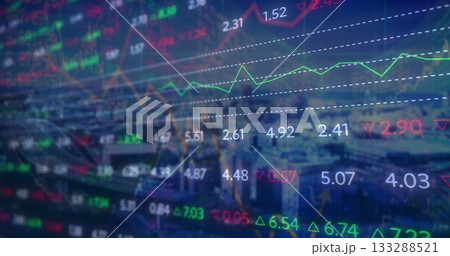 Displaying market line graph with trend channel over dusky skyline, with numeric data and arrows Displaying market line graph with trend channel over dusky skyline, with numeric data and arrows 133288521
