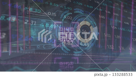 Suit-clad colleagues studying holographic data in lab, with financial charts and biometric icons 133288533