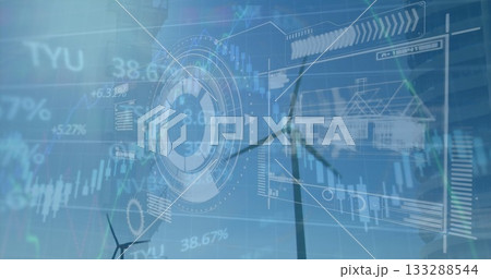 Displaying HUD showing financial data, gear icon, house blueprint icon on wind farm, with turbines 133288544