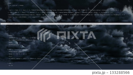 Filling sky storm clouds crossing at dusk horizon, with faint computer code text and bar overlay 133288566