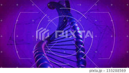 Twisting and spiraling DNA double helix in virtual 3D interface with glowing nodes and target grids Twisting and spiraling DNA double helix in virtual 3D interface with glowing nodes and target grids 133288569